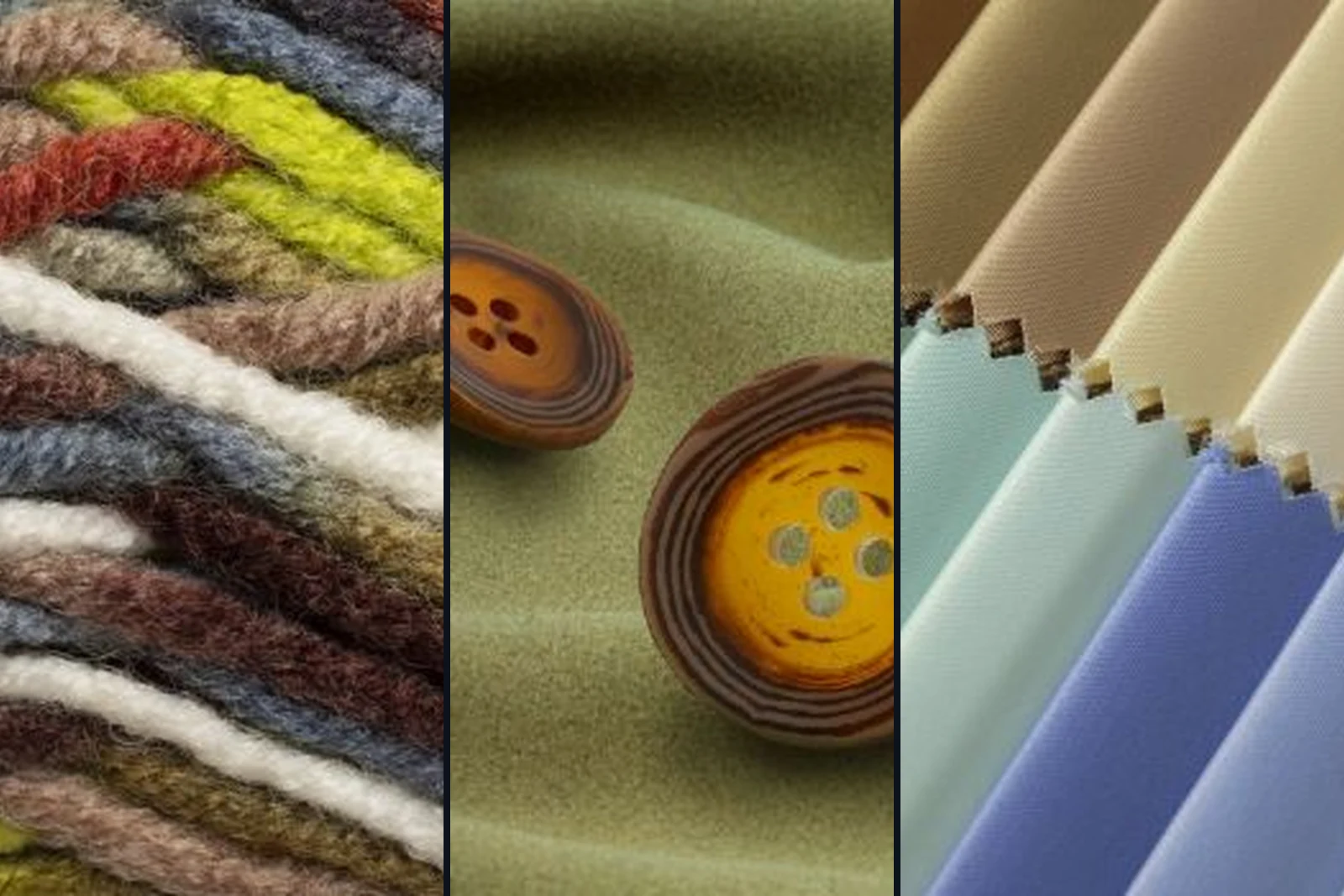 Three-panel collage of equal-width panels: colourful spun yarn at left, wooden buttons on olive fabric at centre, and pastel fabric swatches at right — D&S Fashion collection